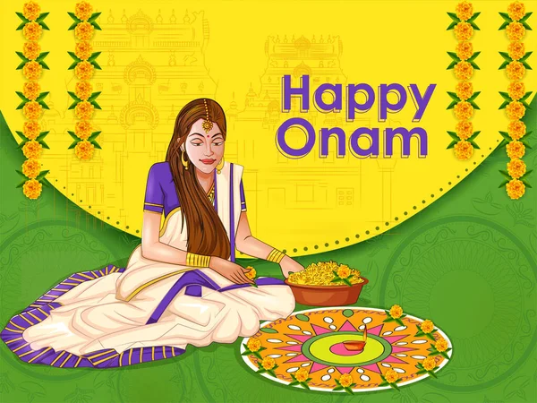 Happy Onam Festival Hintergrund von Kerala Südindien im indischen Kunststil — Stockvektor