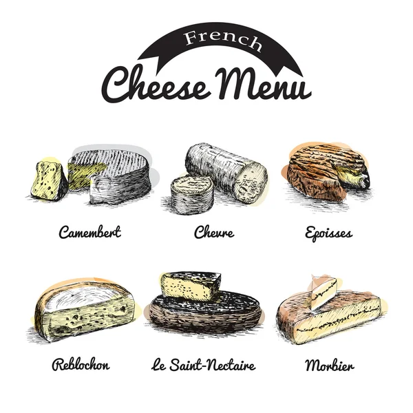 벡터 그림 프랑스 치즈 메뉴의 설정 #1. 프랑스에서 치즈의 종류를 설명. — 스톡 벡터