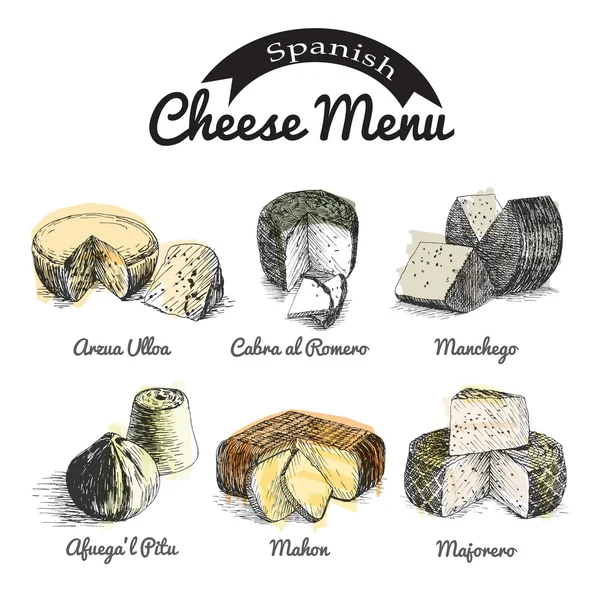 Vector illustrated Set #2 of Spanish Cheese Menu. Illustrative sorts of cheese from Spain — Stock Vector