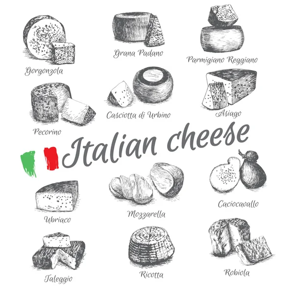 Vector illustrated Set #4 of Italian Cheese Menu. Illustrative sorts of cheese from Italy — Stock Vector