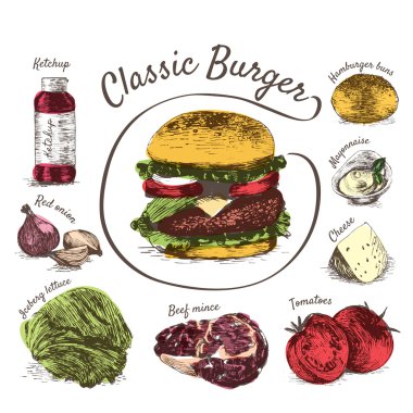 Vektör renkli resimde klasik burger maddeler