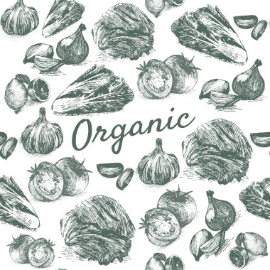Vector vintage monochrome illustration of organic farm products in seamless background clipart