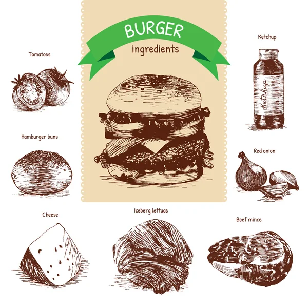 Ilustración vectorial de ingredientes clásicos de hamburguesas . — Vector de stock