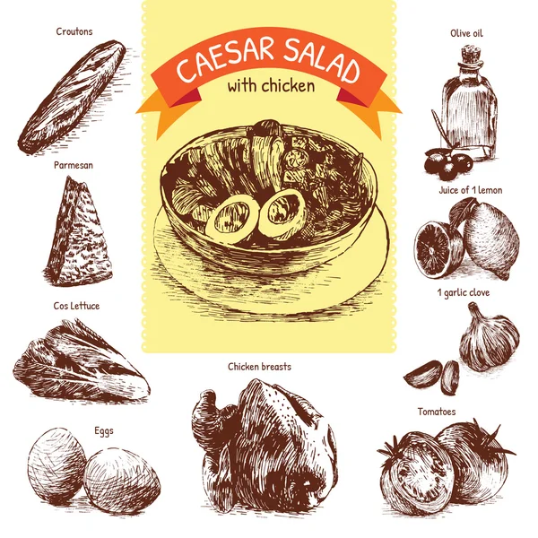 Illustration vectorielle colorée des ingrédients de la salade César — Image vectorielle