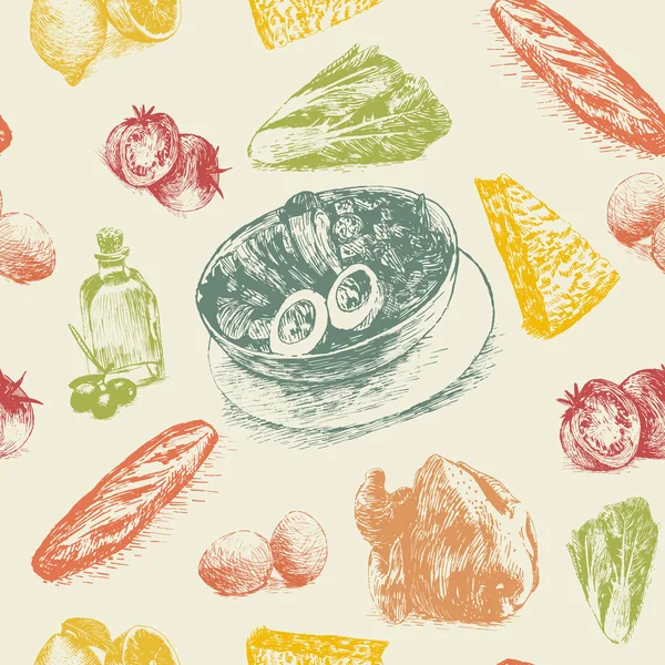 Ilustração vetorial de ingredientes de salada Caesar em sem costura em fundo bege —  Vetores de Stock