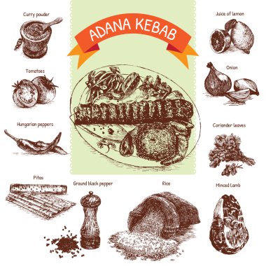 Adana kebabı malzemeler vektör çizim