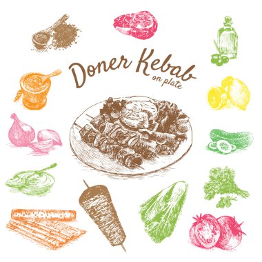 Vektör çizim döner kebabı malzemeleri