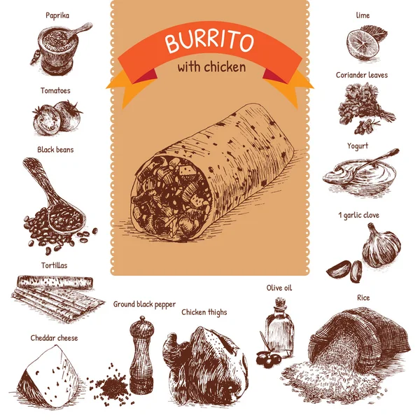 Ilustración vectorial de ingredientes de burrito — Archivo Imágenes Vectoriales