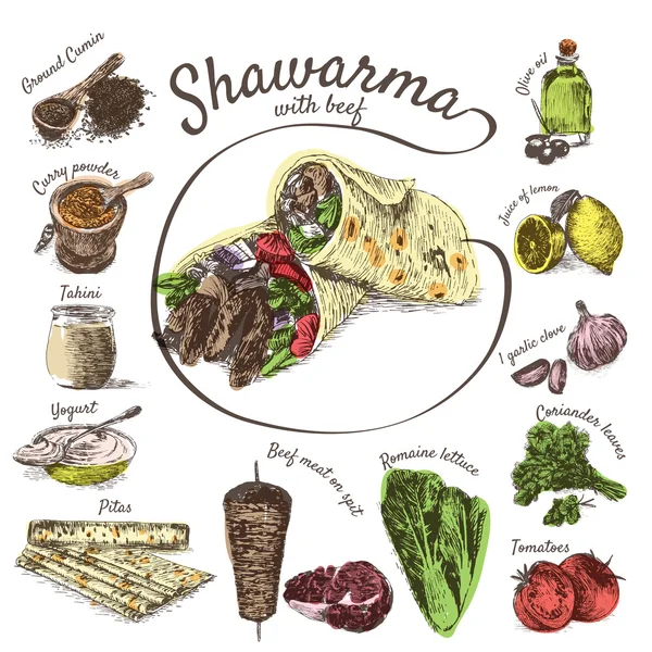 Marhahús shawarma összetevők vektoros illusztráció — Stock Vector