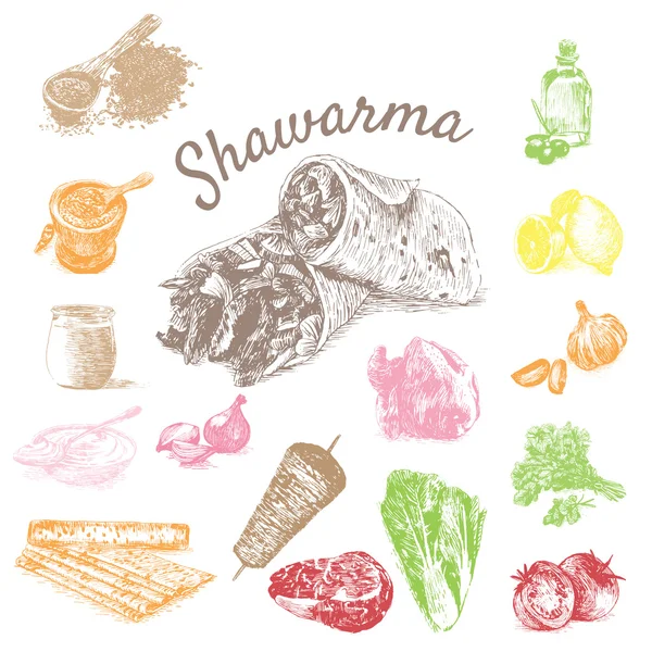 Vektorillustration von Shawarma-Zutaten mit Rindfleisch — Stockvektor