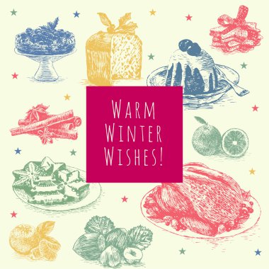 Vektör çizim renkli çerçeve Noel akşam yemeği menüsü ile