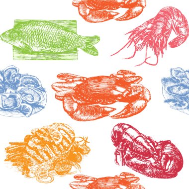 Vektör illüstrasyon deniz ürünleri ile renkli dikişsiz desen