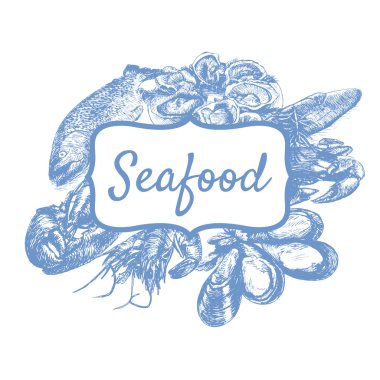 Deniz ürünleri ile vektör illüstrasyon monokrom çerçeve