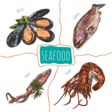 Vektör illüstrasyon deniz ürünleri ile renkli set