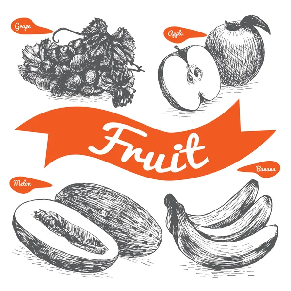 Illustration vectorielle noir et blanc serti de fruits — Image vectorielle