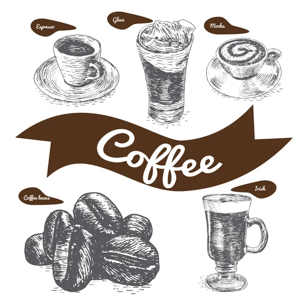 Illustration vectorielle noir et blanc sertie de café — Image vectorielle