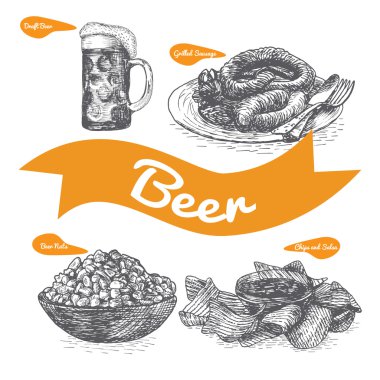 Fıçı bira ve snack ürünler illüstrasyon.