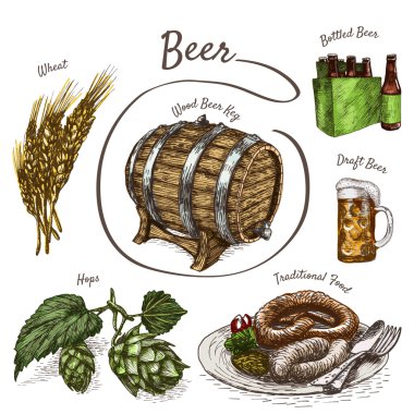 Bira ve snack ürünler illüstrasyon.