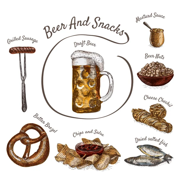 Bier en snack producten illustratie. — Stockvector