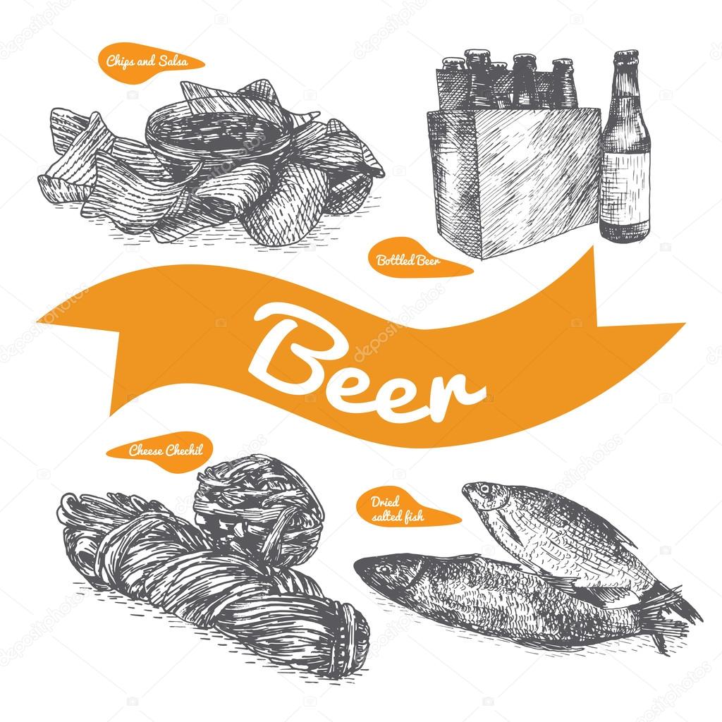 Draft beer and snack products illustration.
