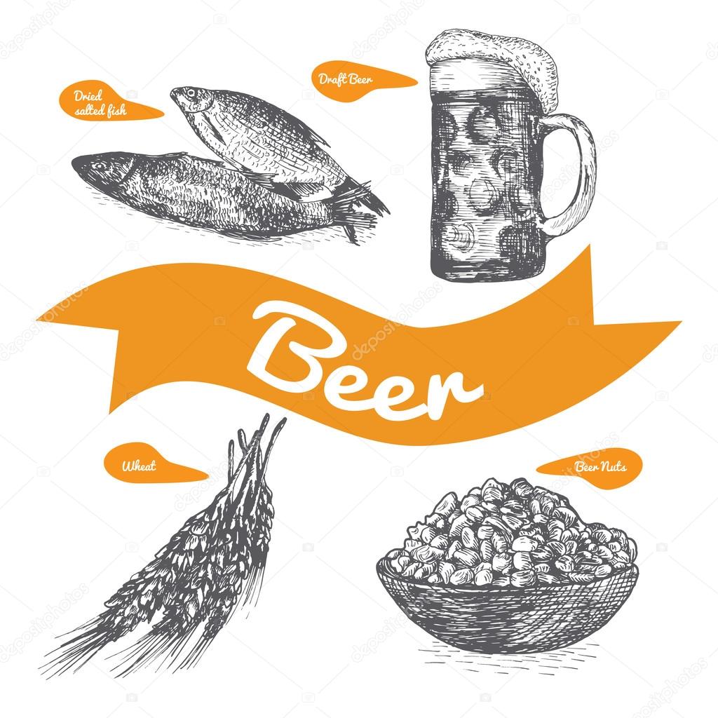 Draft beer and snack products illustration.