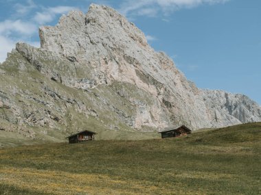 Seceda patikasından görülen yüksek açılı Dolomiti çıkıntıları ve dağlık çayırlar perspektifi..