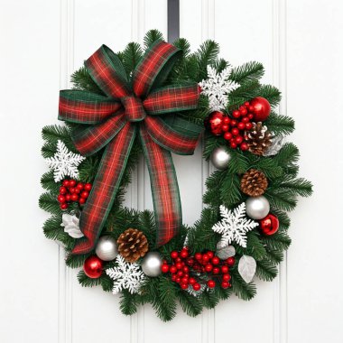 Beyaz arkaplanda izole edilmiş kırmızı ve beyaz noel süslemeli çelenk.