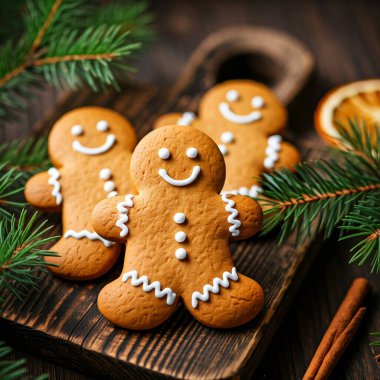 Tahta masada Noel süsleri olan zencefilli çörekler, yakın plan.