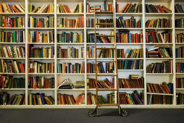 Bibliothèque blanche avec livres et échelle à roulettes — Photo