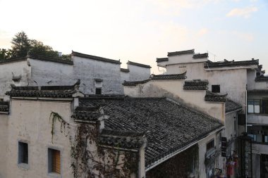Eski Çin mimarisinin beyaz duvarları ve gri kiremitleri, uzakta birkaç ağaç ve yakınındaki diğer binalarla birlikte uzun duruyor. Çatıların üzerinde koyu siyah kiremit çatılar var.
