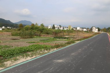 Çin 'de bir kentsel tarım-turizm alanının kenarında yeşil ve sebze tarlaları boyunca büyüyen bir yol inşa ediliyor. Yol daha yeni döşendi ve şu anda ne araba ne de insan var.