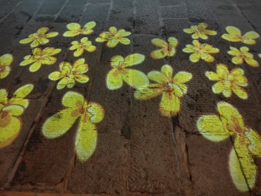 Zeminde sarı çiçeklerin holografik yansıması, yerdeki terakotta fayansları üzerinde sarı yaprakların ve şekillerin yansıtılması, projeksiyon etkisi, hologram, simetrik bileşim, hava perspektifi, açık hava sahnesi