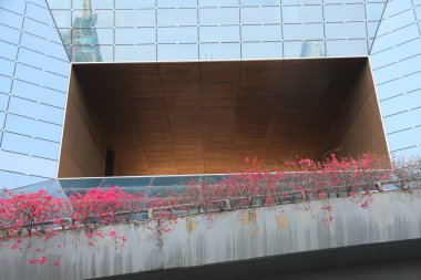 Çatıda pembe çiçekler ve cam perde duvarlarıyla çevrili dikdörtgen ahşap bir kutu asılı. Binanın metal aksanları ve keskin kenarları olan endüstriyel bir tarzı var..