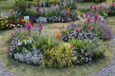 İçinde farklı çiçek ve bitkiler bulunan yuvarlak bir çiçek tarhı, yaz mevsiminde bir açık hava pazarının yakınındaki çimlerin üzerinde, İngiliz tarzı bahçe tasarımı..