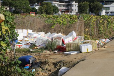 Beyaz plastik kutular ve yanında yeşil bitkiler büyüyen yiyecek konteynırları da dahil olmak üzere bir çöp yığını. Yolun yanında, evlere bitişik bir sebze bahçesinin önünde.