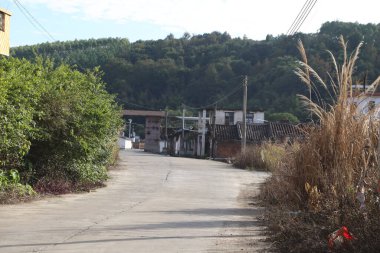 Köye giden bir yol, her iki tarafında eski evler ve önünde terk edilmiş bir fabrika. Çevrede ağaçlar, çalılar ve otlar da dahil olmak üzere bitki örtüsü yemyeşil..