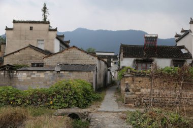 Çin 'de eski bir kırsal avlu, içinde gri tuğla duvarlar olan basit ve küçük evler var. Binaların arasında eski bir cadde var, her iki tarafında da yeşil bitkiler var..
