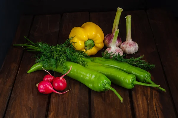 Green pepper with dill, young garlic and radish — Stock Photo, Image