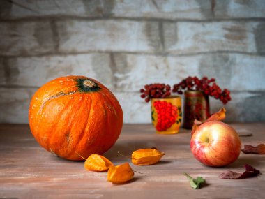 Pembe-turuncu arka planda balkabağı, elma ve yaban mersinleriyle dolu bir sonbahar.