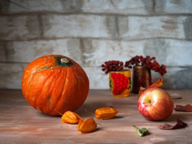 Balkabağı ve elmalı portakal suyu, seramik bardak, kuru yapraklar ve bitki özü çiçekleri.