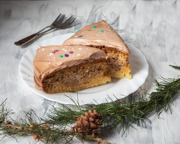 Portionen hausgemachten Kuchen auf einem kleinen Teller und Dessertgabel, Tannenzapfen und Zweigen — Stockfoto