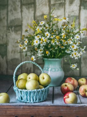 Meyveler ve çiçekler. Mavi bir vazoda papatya buketi, mavi arkaplanda sarı ve kırmızı nektarlar.