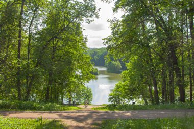 Yaz, parlak yeşil yeşillik Tsaritsyno parkta ağaçların arasından Gölü nün görünümü