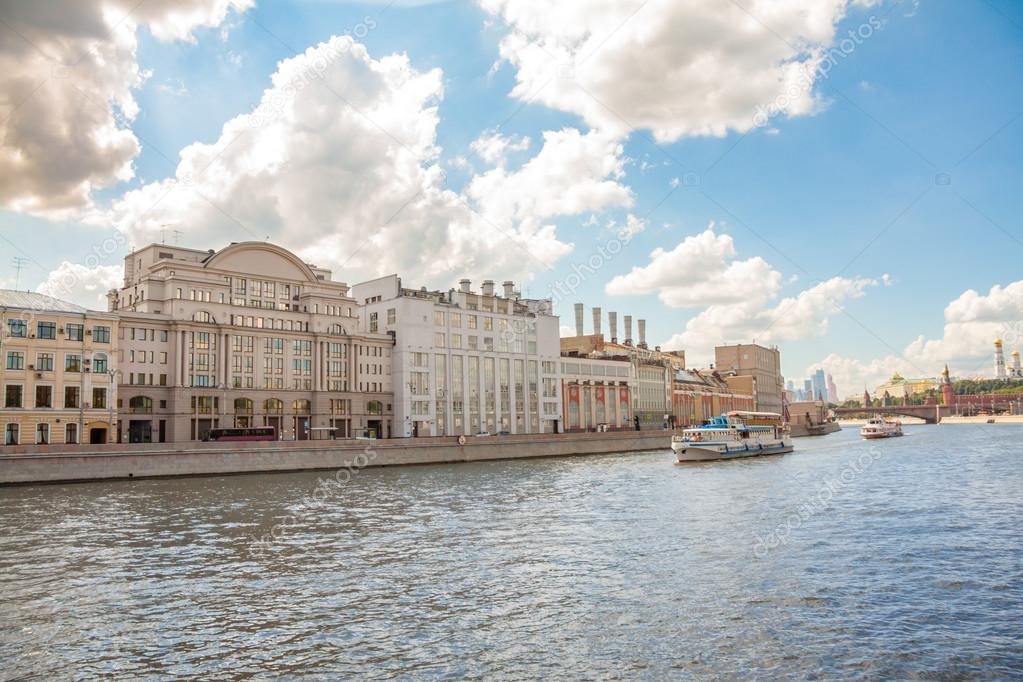 View at Raushskaya embankment in summer from the steamboat, Moscow urban cityscape