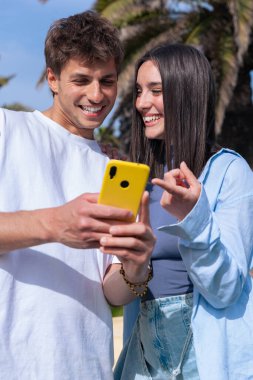 Güneşli parkta birlikte akıllı telefona bakan mutlu genç çift. Palmiye ağaçları, aşk, iletişim, teknoloji, bağlantı, ilişki, sosyal medya, mutluluk, tatil, açık hava yaşam tarzı..