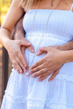 Hamile çift elleriyle göbeğine kalp şekli veriyor, sevgi, annelik, ebeveynlik, müstakbel bebek, aile bağı, şefkat, beklenti, bağlantı, mutluluk, şefkat.