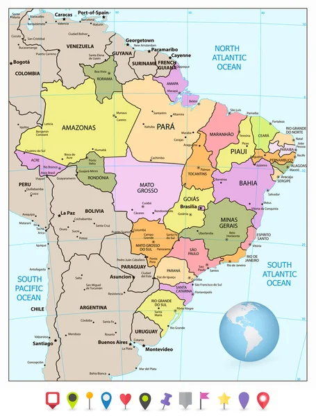 Mapa de divisões administrativas do Brasil com ícones planos — Vetor de Stock