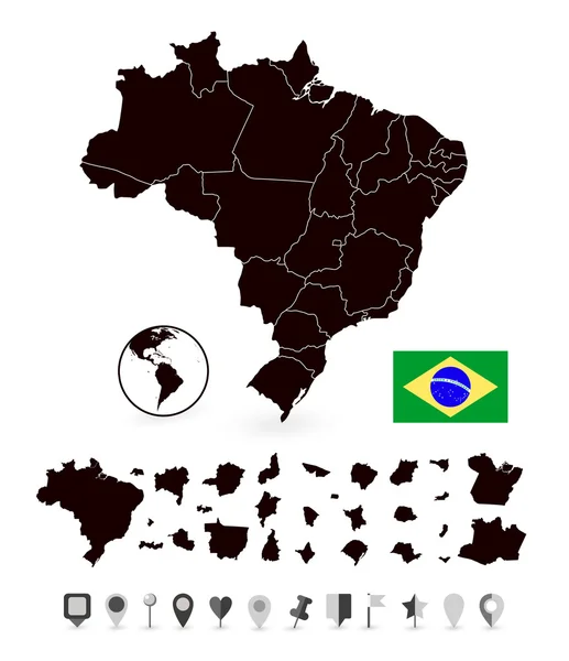 브라질 및 평면 탐색의 상세한 지도 설정 — 스톡 벡터