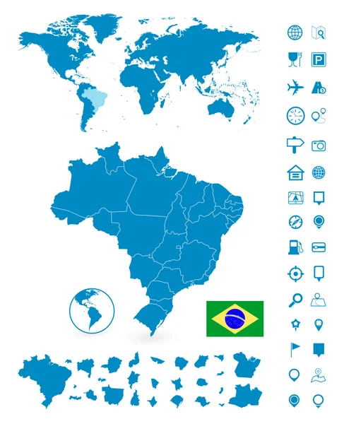Detaljerad karta över Brasilien och världen karta navigation set — Stock vektor