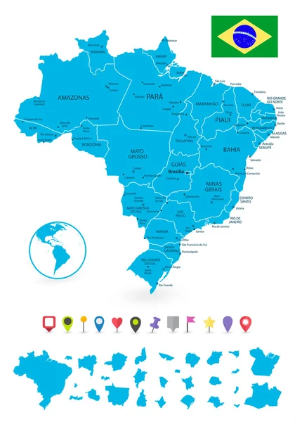 Mapa de divisiones administrativas de Brasil con sus estados y plano — Vector de stock